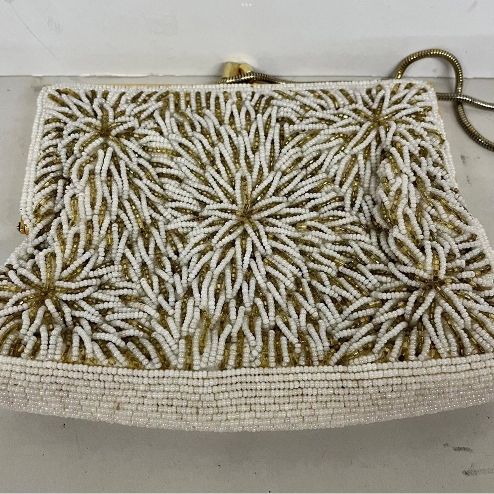 Vintage French handmade White Beaded Clutch with Gold Floral Burst - Picture 4 of 9